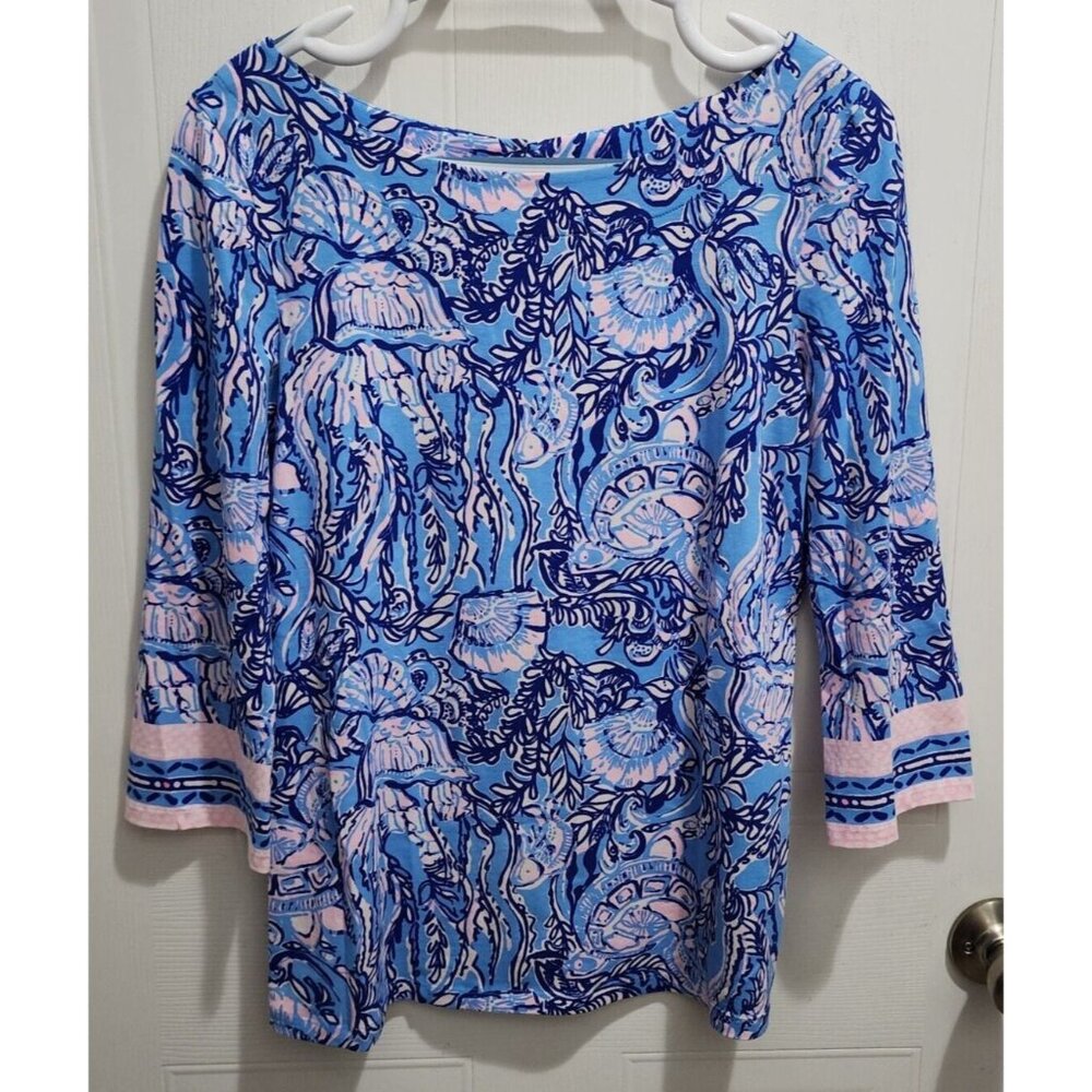 Lilly Pulitzer Waverly 3/4 Sleeve Boat Neck Blouse Top Horseshoe Bay Blue Size S